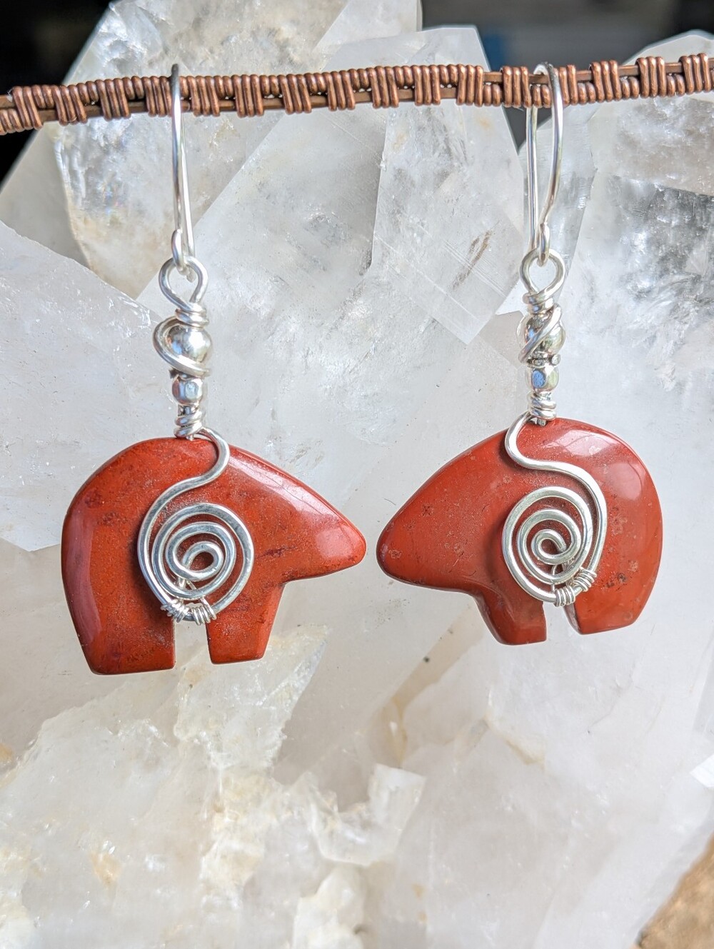 Sterling Silver Red Jasper Bear Earrings- Hand Carved Animal Fetish Jewelry